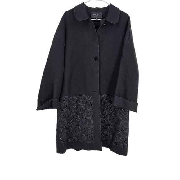 Lafayette 148 Overcoat Jacket Black Wool Cut Out Embroidered Button Front Size L - Picture 1 of 7
